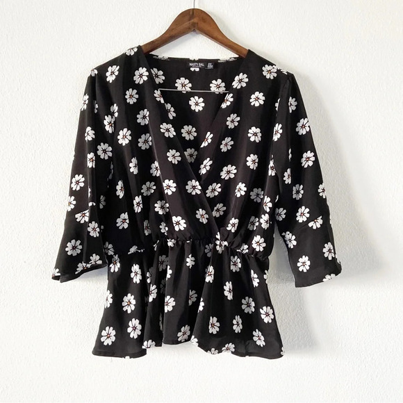 Daisy Floral Wrap Top Front Peplum Drop Sleeve Elastic Waist Nasty Gal US 12 - Picture 1 of 8